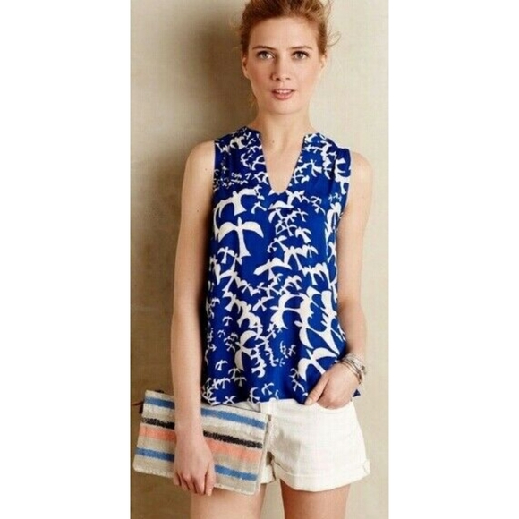 Anthropologie Maeve Enna Tank Top Bird Print in Blue & White Sleeveles Size 2 - Picture 1 of 14